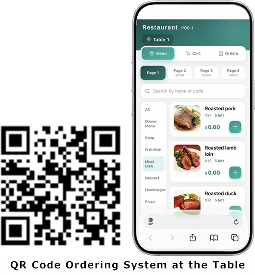 QR Code Ordering System at the Table<br />
(Requires optional Cloud Portal)<br />
 <br />
Customers can place orders from their own mobile phones by scanning the QR code placed at their table.